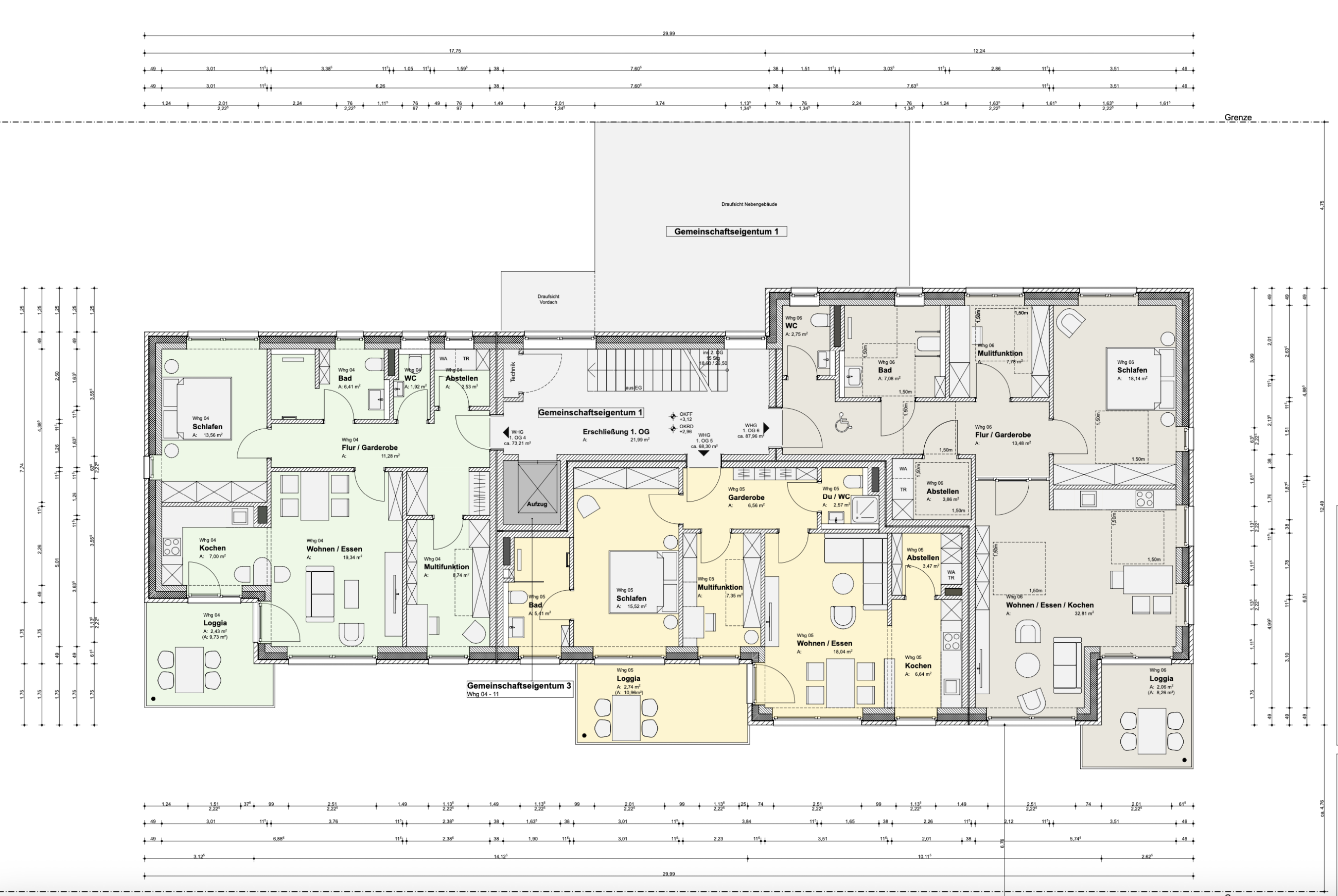 Grundriss 1. Obergeschoss mit den Wohnungen 04, 05 und 06