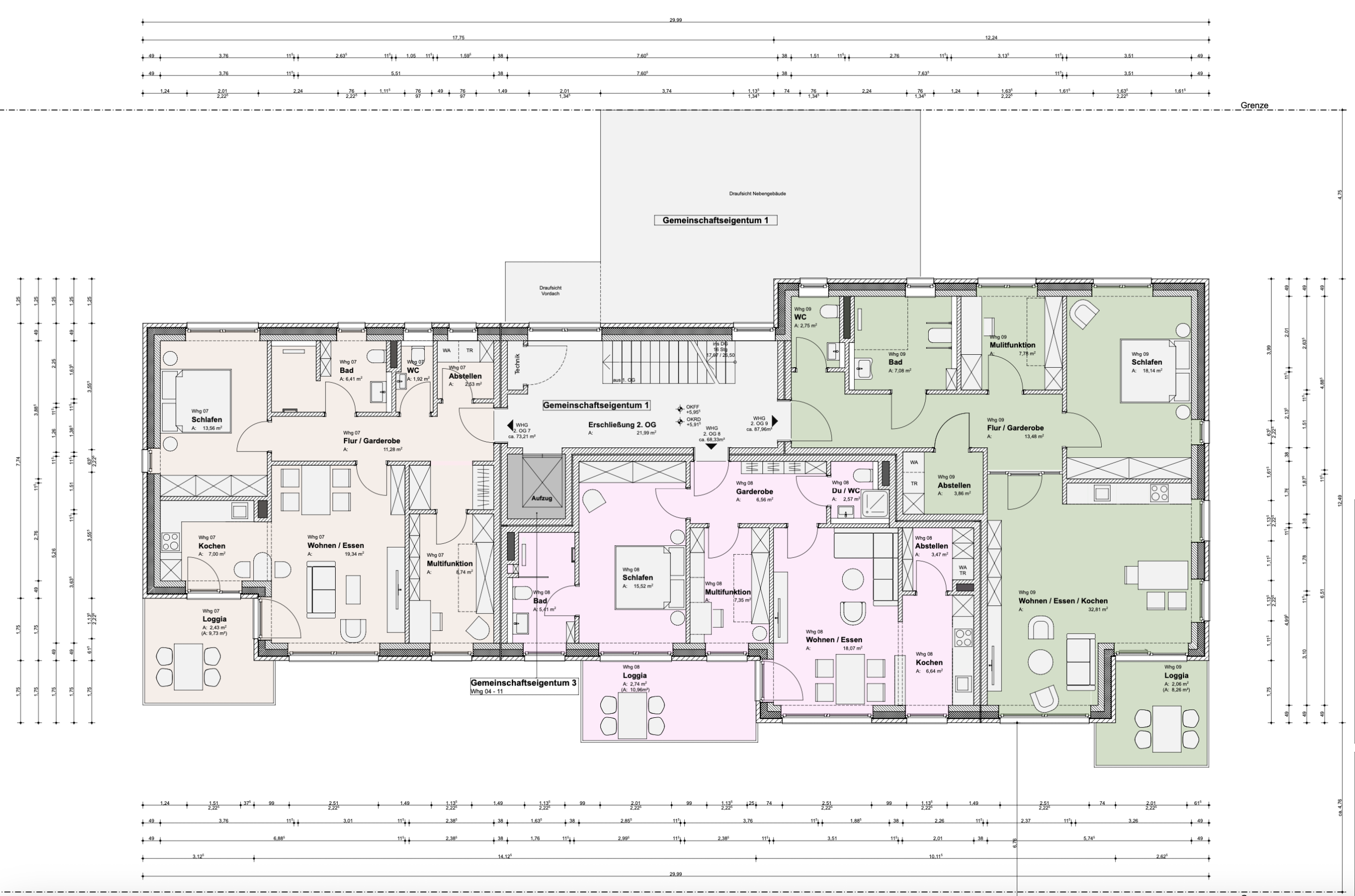 Grundriss 2. Obergeschoss mit den Wohnungen 07, 08 und 09