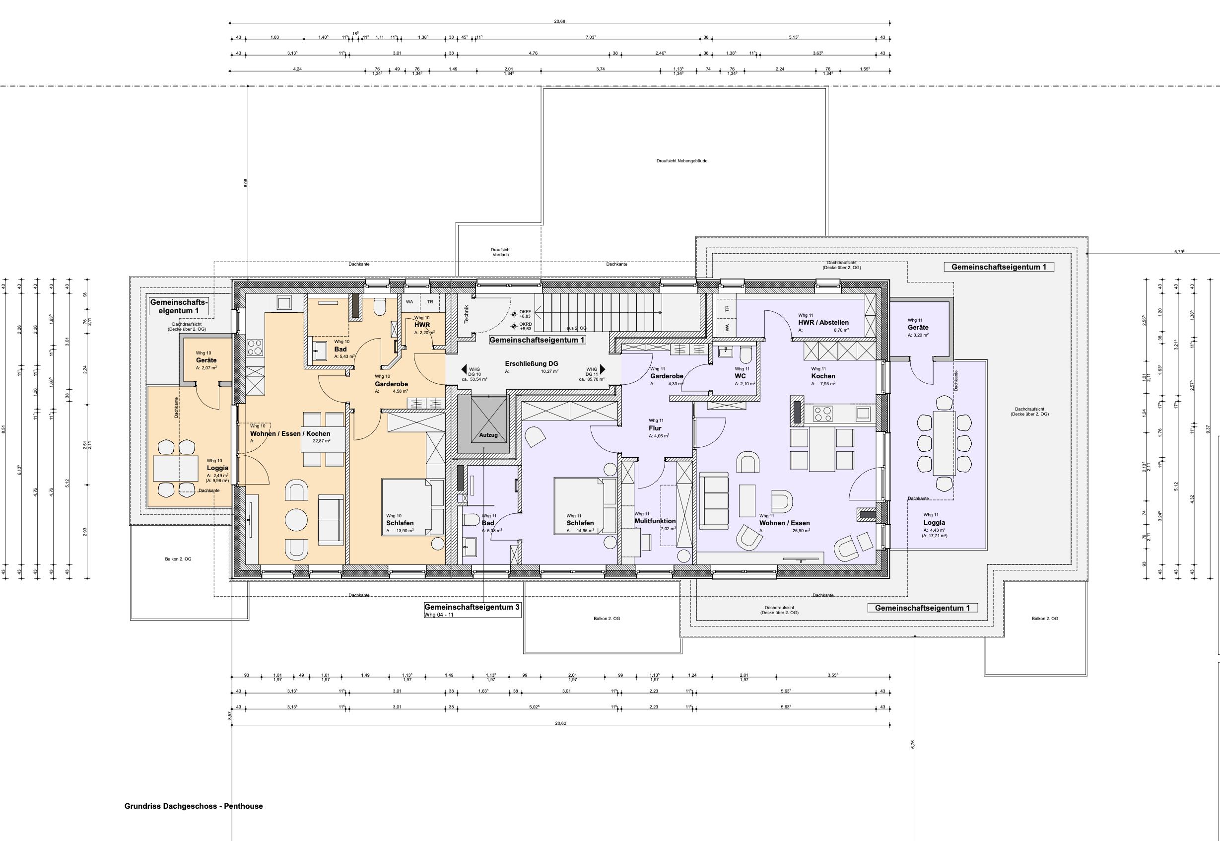 Grundriss Dachgeschoss mit den Penthouse-Wohnungen 10 und 11
