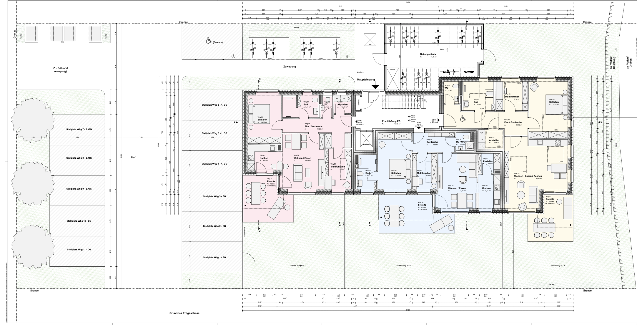 Grundriss Erdgeschoss mit den Wohnungen 01 bis 03, Nebengebäude, Zuwegung und den elf Außenstellplätzen
